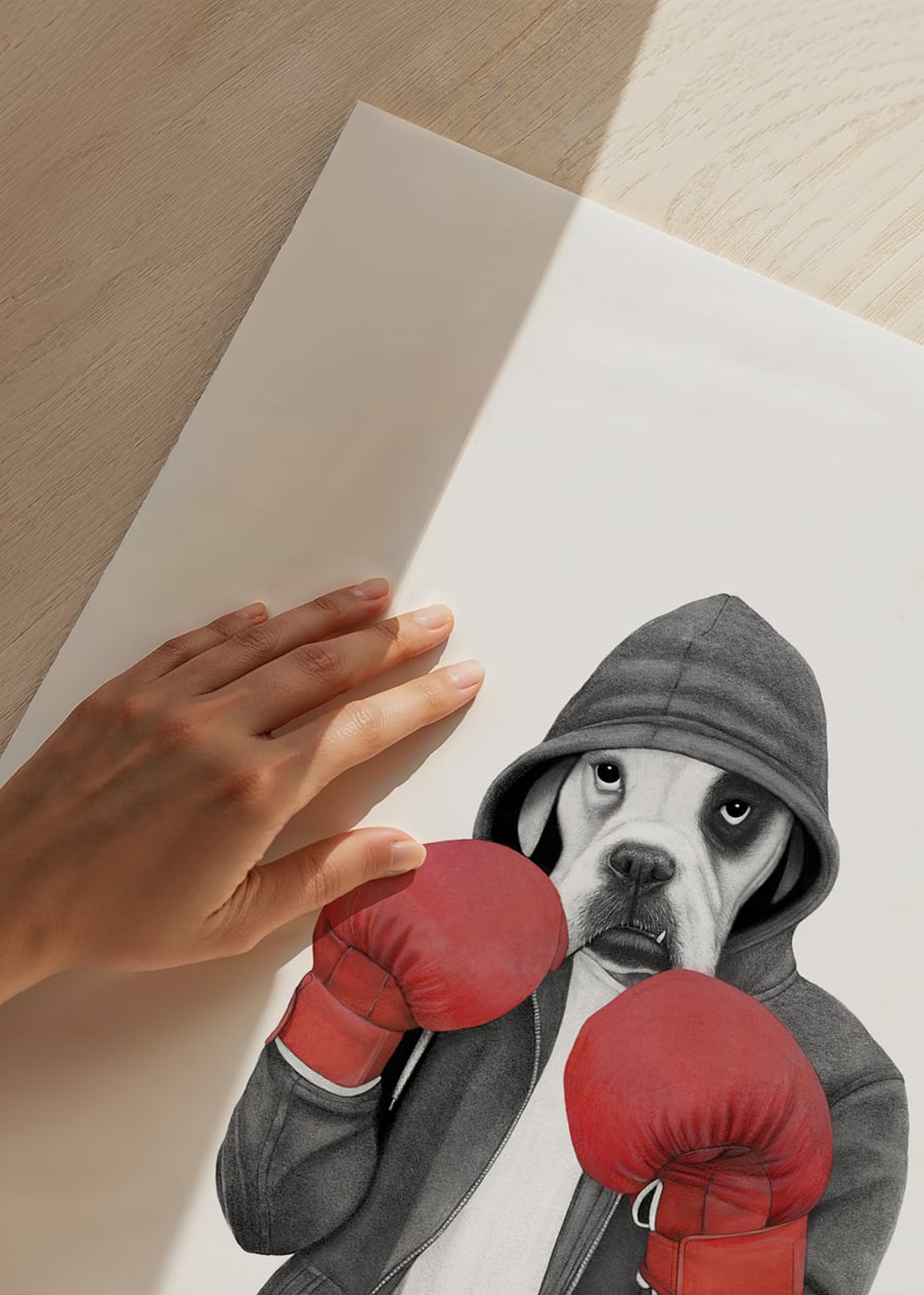 Geïllustreerde boxerhond met bokshandschoenen en grijze hoodie-12