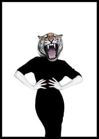 Illustrated woman with tiger's head on white background-0