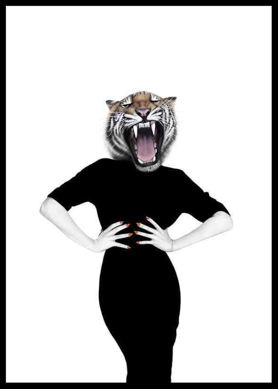 Illustrated woman with tiger's head on white background-12