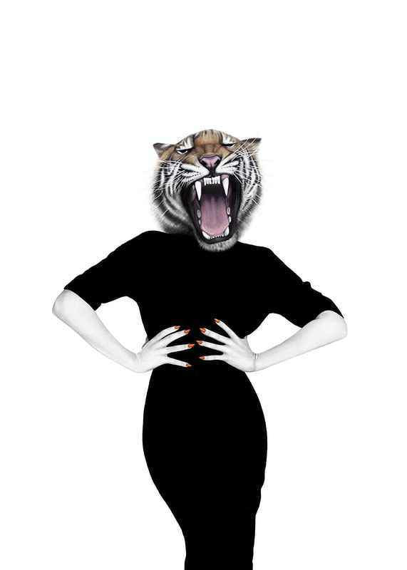 Illustrated woman with tiger's head on white background-12