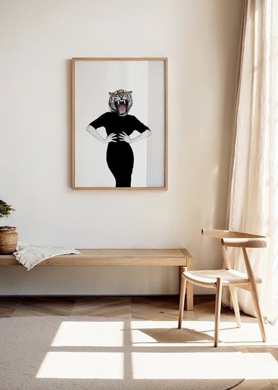 Illustrated woman with tiger's head on white background-12