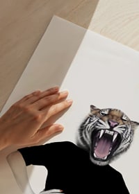 Illustrated woman with tiger's head on white background-3