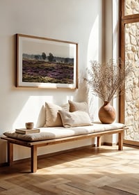 Photograph of open moorland landscape with purple heather and trees-8