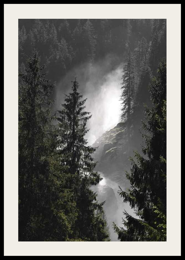 Photograph of waterfall among tall fir trees in forest landscape-12