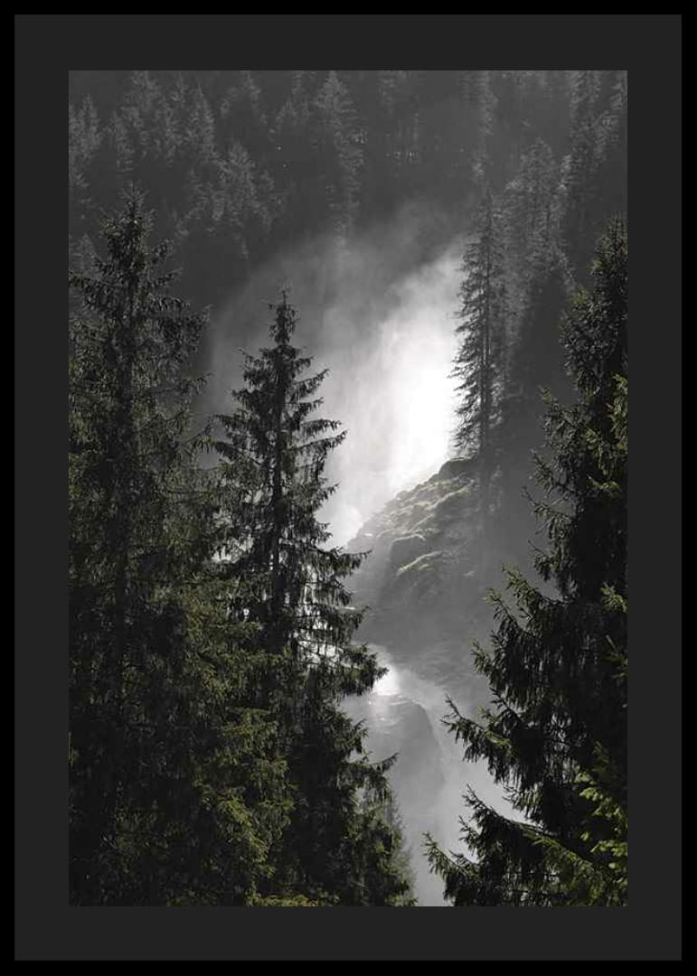 Photograph of waterfall among tall fir trees in forest landscape-12
