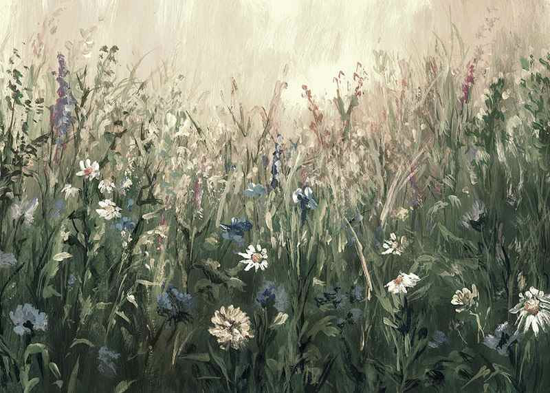 Watercolor of blooming summer meadow with green and beige tones-12
