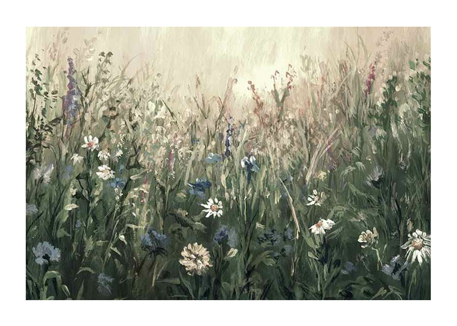 Watercolor of blooming summer meadow with green and beige tones-12