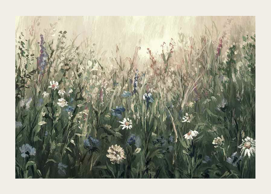 Akvarel kvitnúcej letnej lúky so zelenými a béžovými tónmi-12
