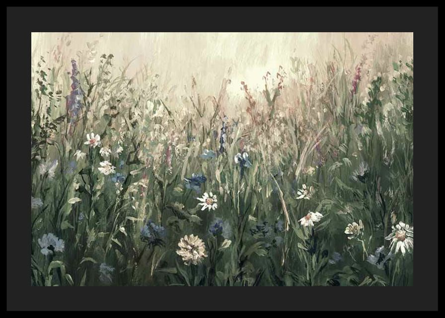 Akvarel kvitnúcej letnej lúky so zelenými a béžovými tónmi-12