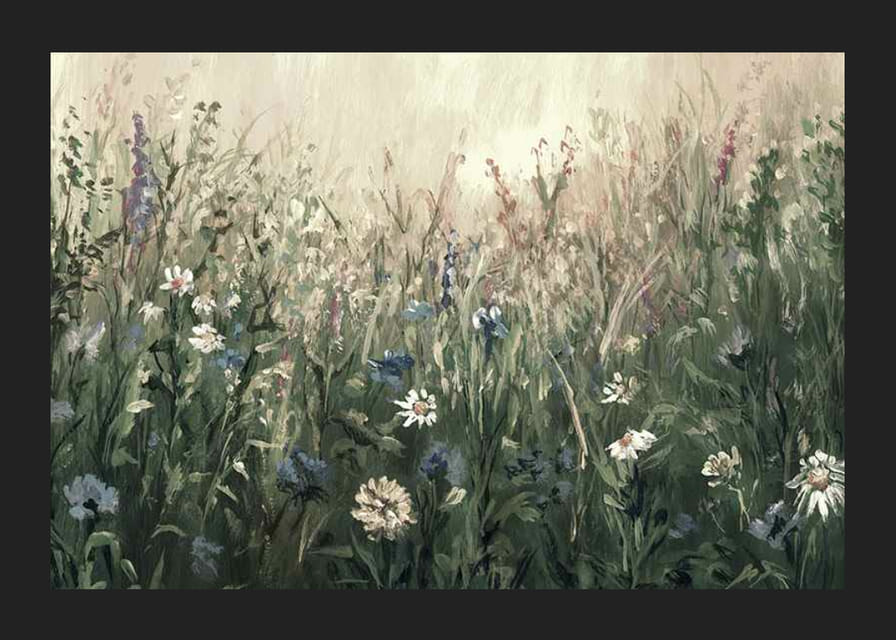 Akvarel kvitnúcej letnej lúky so zelenými a béžovými tónmi-12