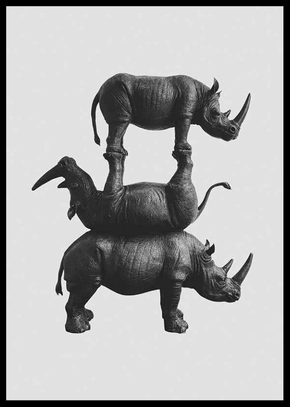 Black and white illustration of three stacked rhinos, stylish-12