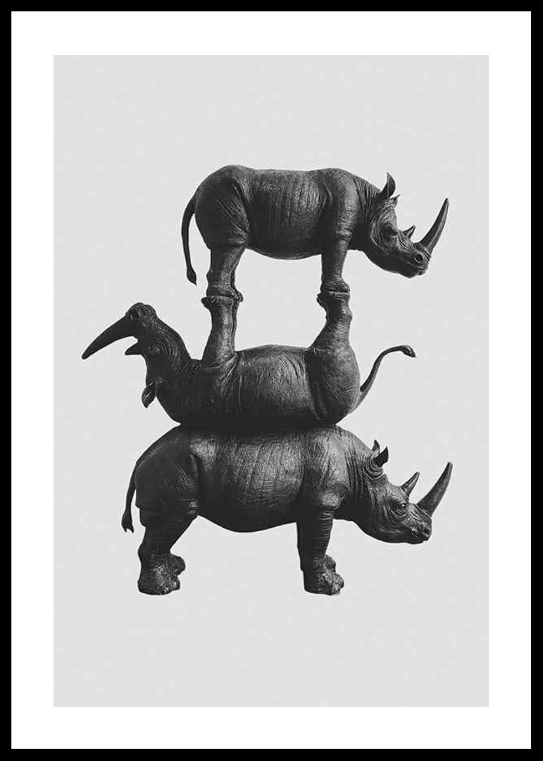 Black and white illustration of three stacked rhinos, stylish-12