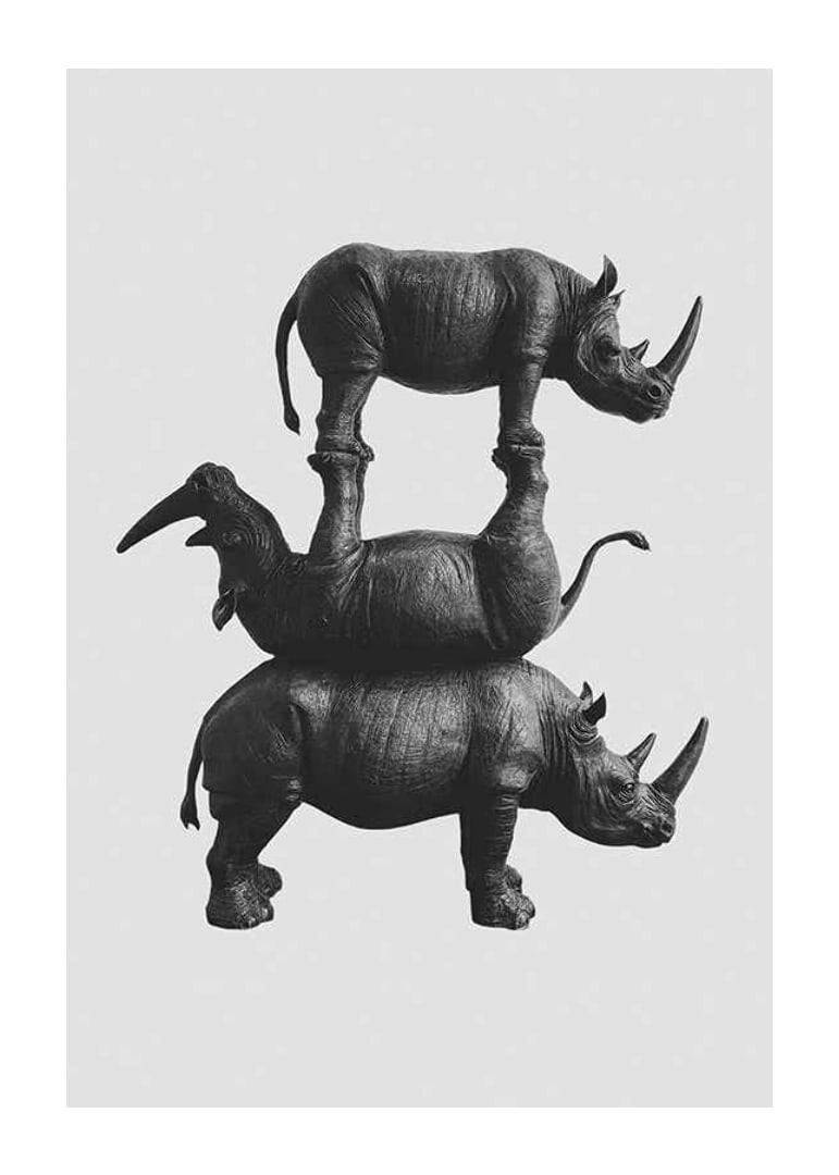 Black and white illustration of three stacked rhinos, stylish-12