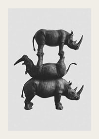 Black and white illustration of three stacked rhinos, stylish-3