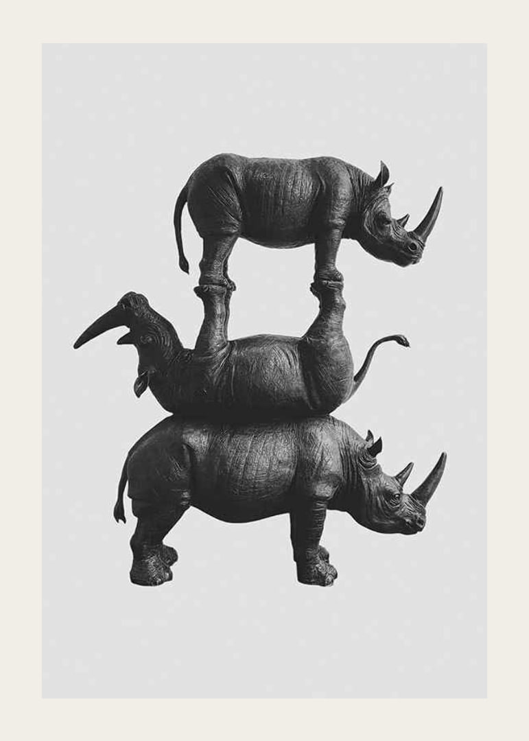Black and white illustration of three stacked rhinos, stylish-12