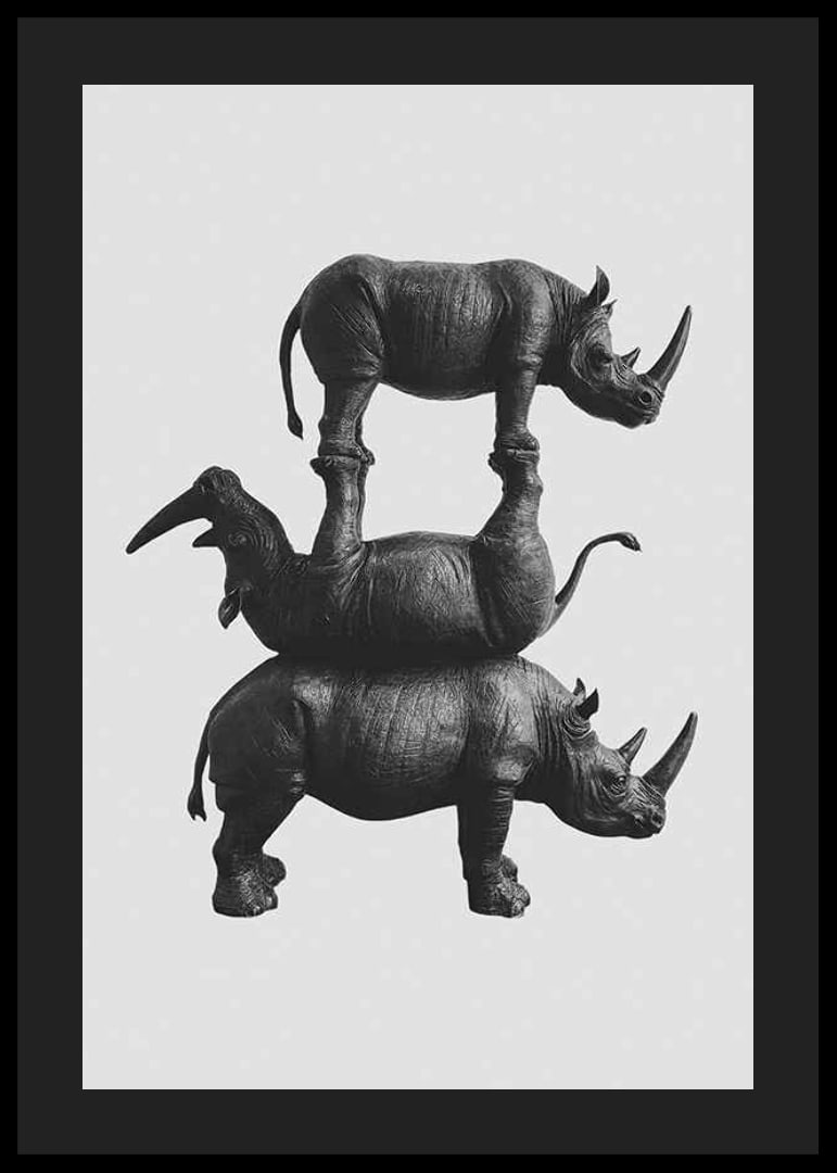 Black and white illustration of three stacked rhinos, stylish-12