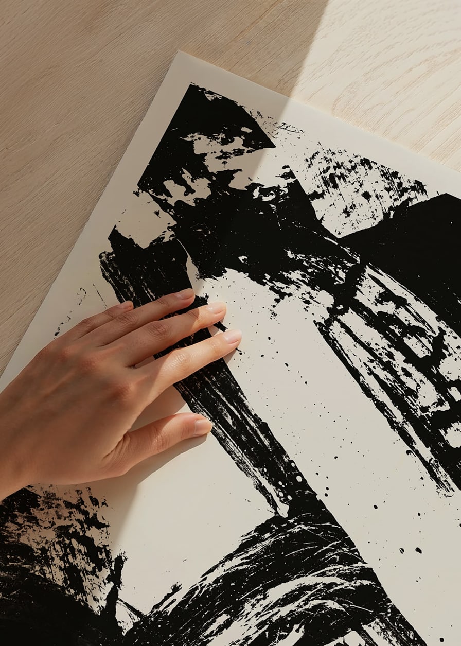 Abstract black brush strokes on beige background, minimalist style-12
