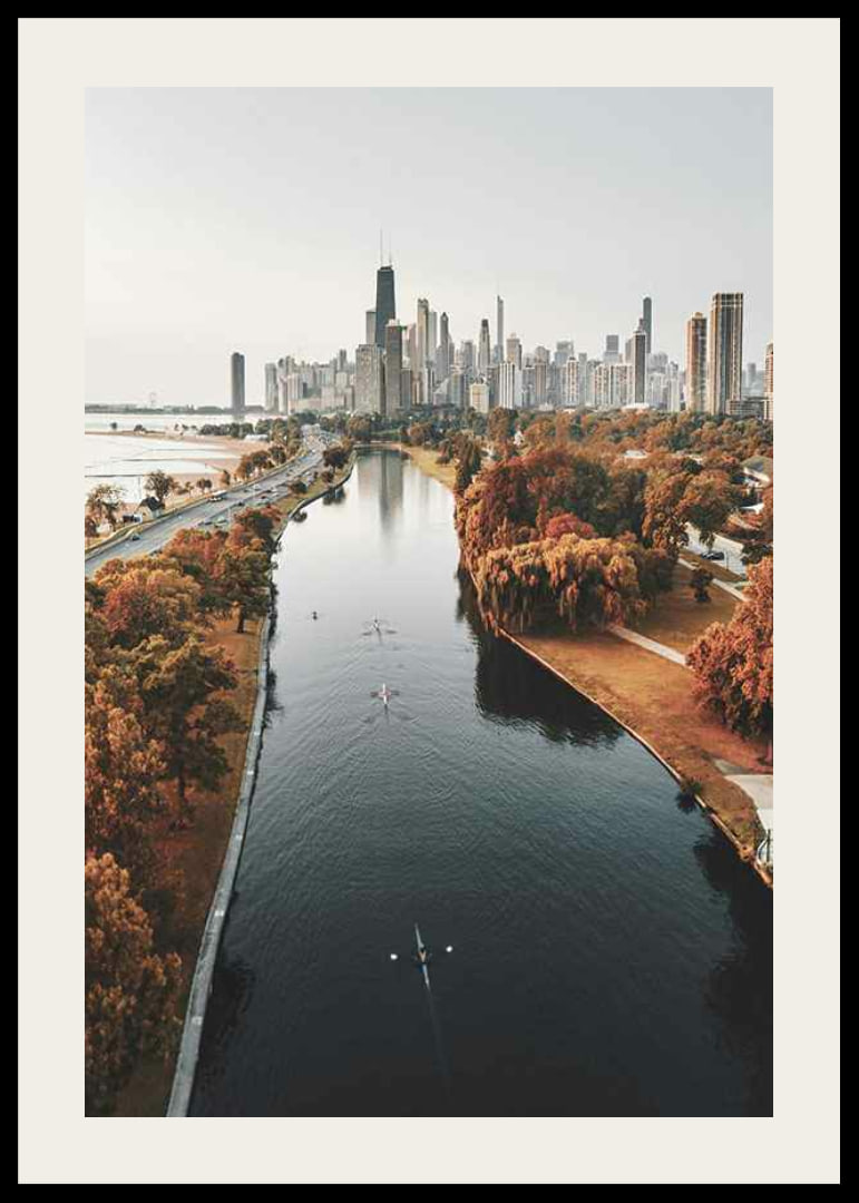 Photograph of Chicago skyline with fall colored trees and river-12