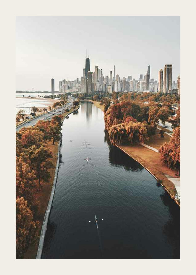 Fotografia panorámy Chicaga s jesenne sfarbenými stromami a riekou-12