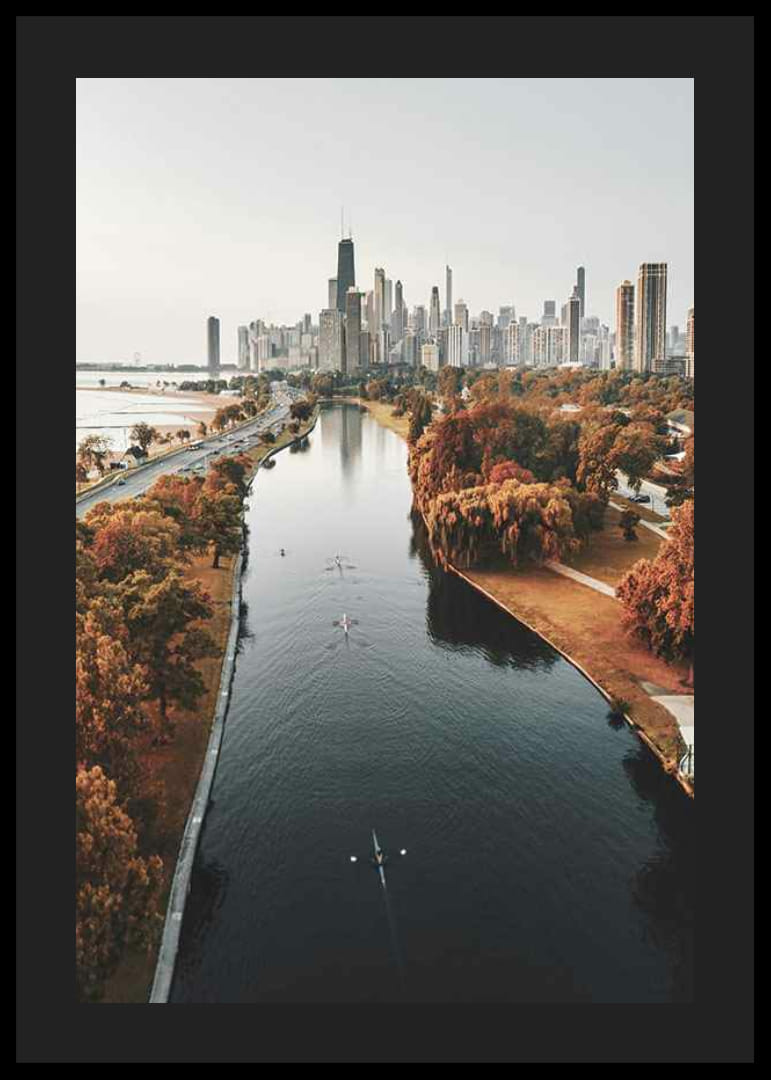 Fotografia panorámy Chicaga s jesenne sfarbenými stromami a riekou-12