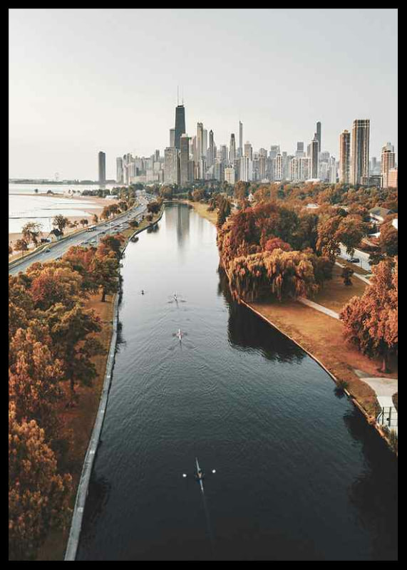 Photograph of Chicago skyline with fall colored trees and river-12