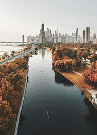 Photograph of Chicago skyline with fall colored trees and river-7