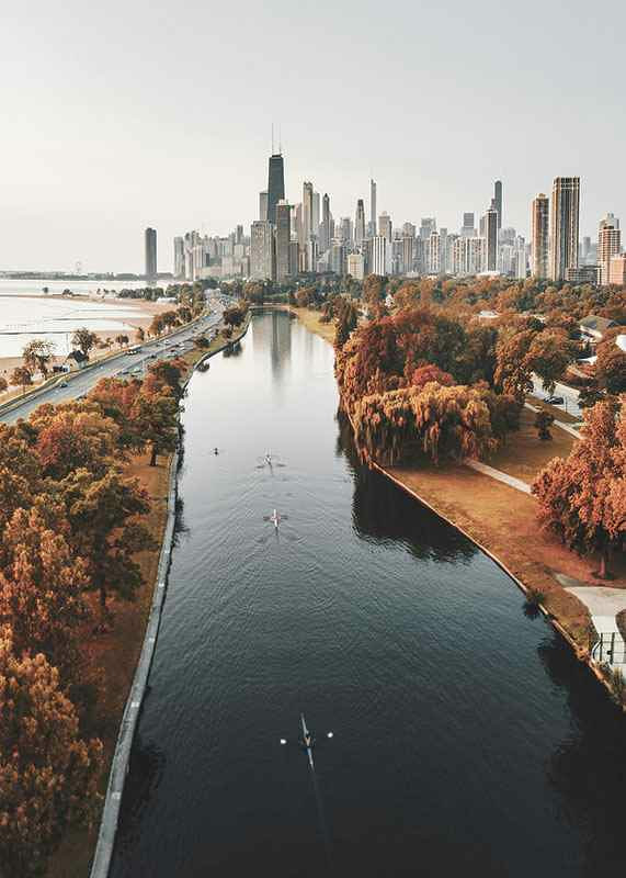 Photograph of Chicago skyline with fall colored trees and river-12