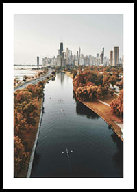 Photograph of Chicago skyline with fall colored trees and river-0