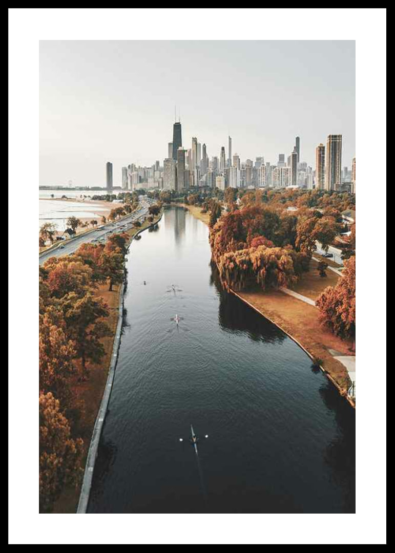 Photograph of Chicago skyline with fall colored trees and river-12