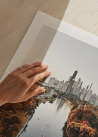 Photograph of Chicago skyline with fall colored trees and river-9