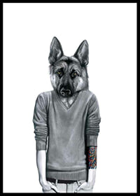 Illustration of German Shepherd with sweater and tattooed arm-0