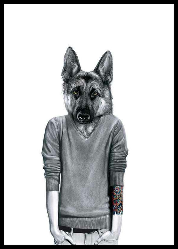 Illustration of German Shepherd with sweater and tattooed arm-12