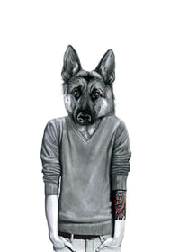 Illustration of German Shepherd with sweater and tattooed arm-1
