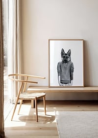 Illustration of German Shepherd with sweater and tattooed arm-2