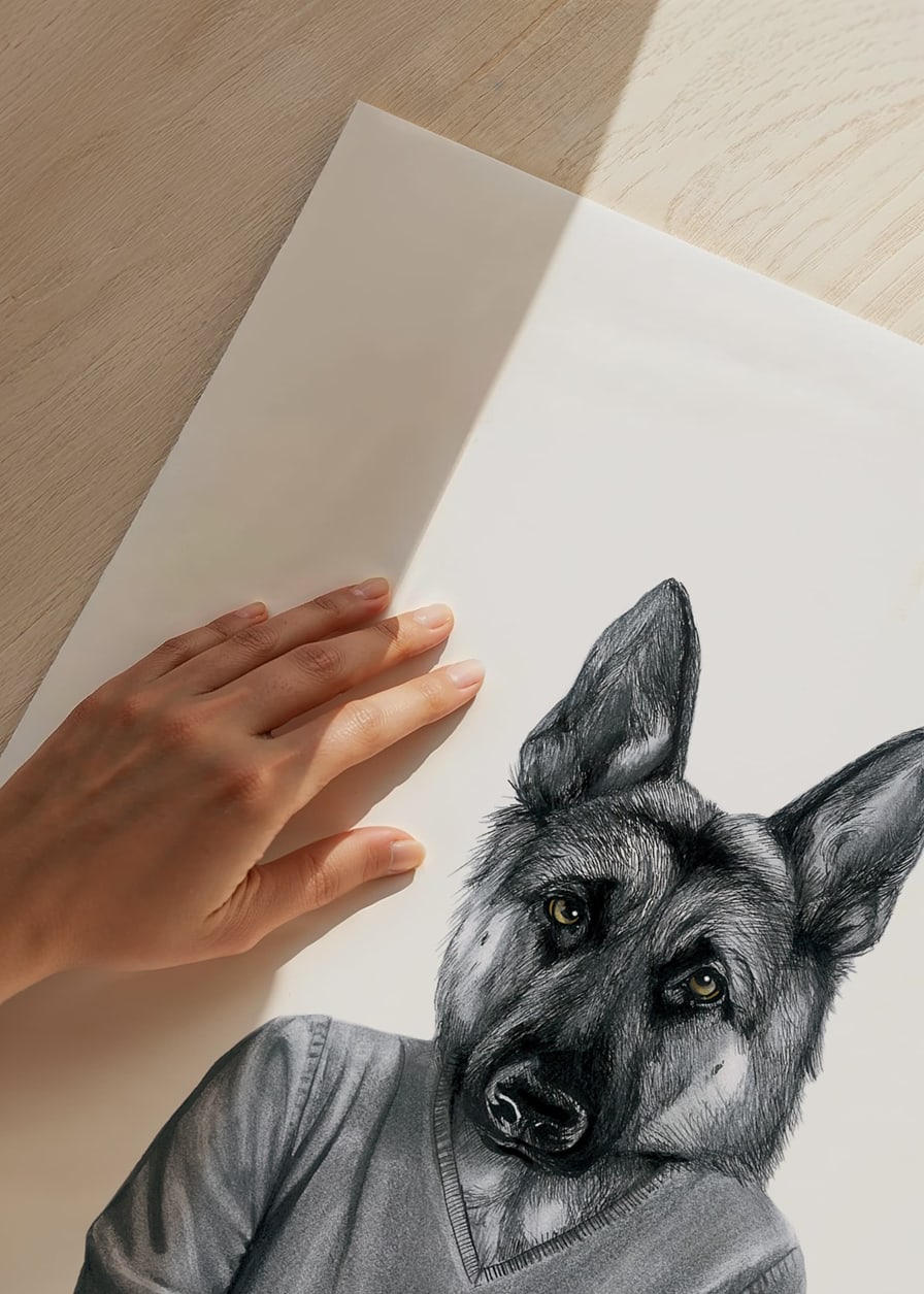 Illustration of German Shepherd with sweater and tattooed arm-12
