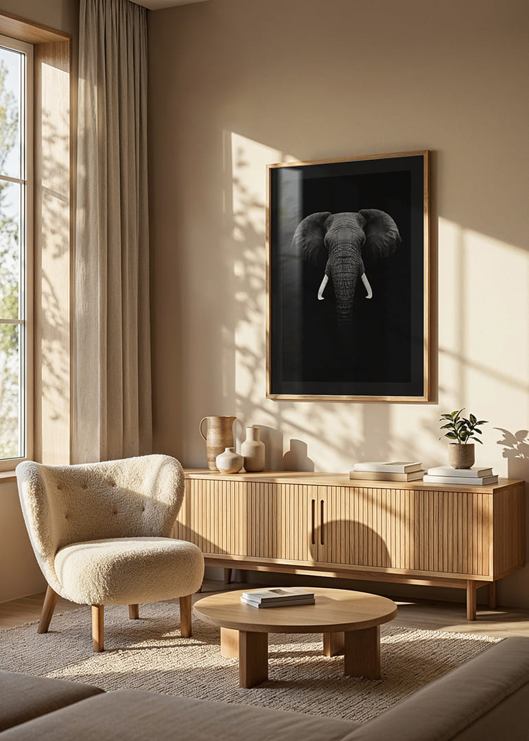 Retrato en blanco y negro de un elefante con colmillos blancos sobre fondo oscuro.-12