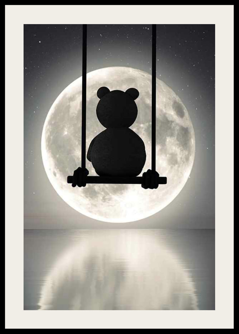 Illustrierter Teddybär auf einer Schaukel vor einem Vollmond-12