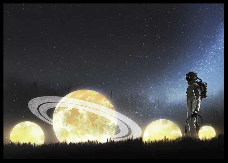 Illustrated astronaut at shining planets in a field-12