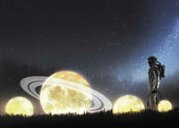 Illustrated astronaut at shining planets in a field-7