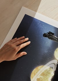 Illustrated astronaut at shining planets in a field-9