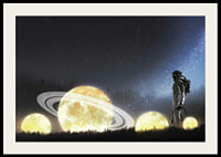 Illustrated astronaut at shining planets in a field-2