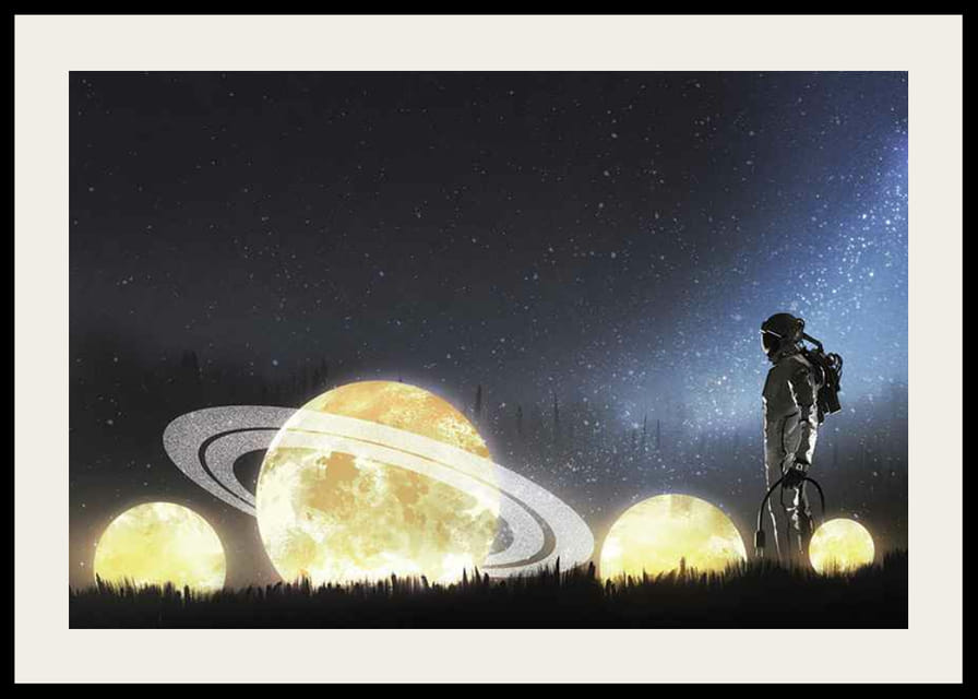 Ilustrovaný astronaut na žiariacich planétach v poli-12