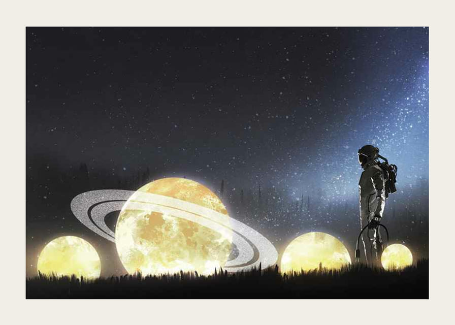 Ilustrovaný astronaut na žiariacich planétach v poli-12