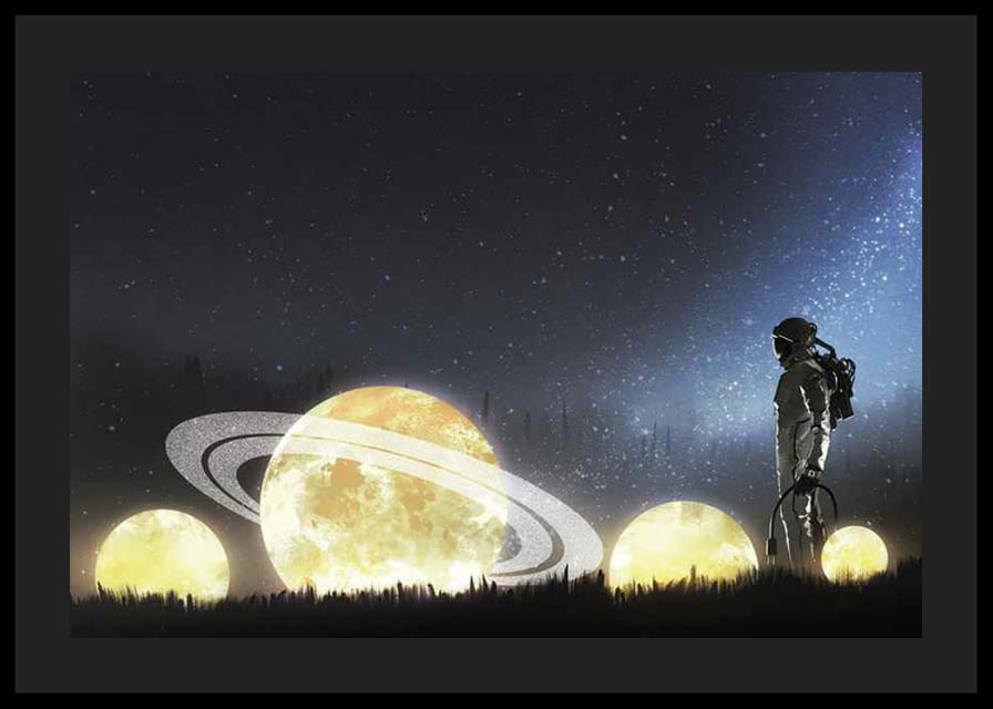 Ilustrovaný astronaut na žiariacich planétach v poli-12
