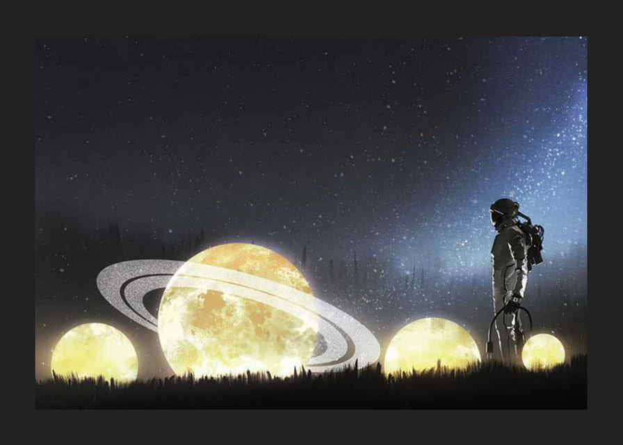 Ilustrovaný astronaut na žiariacich planétach v poli-12