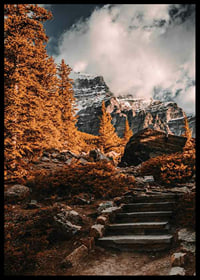Rudens meža fotogrāfija ar akmens taku un sniegotiem kalniem-6