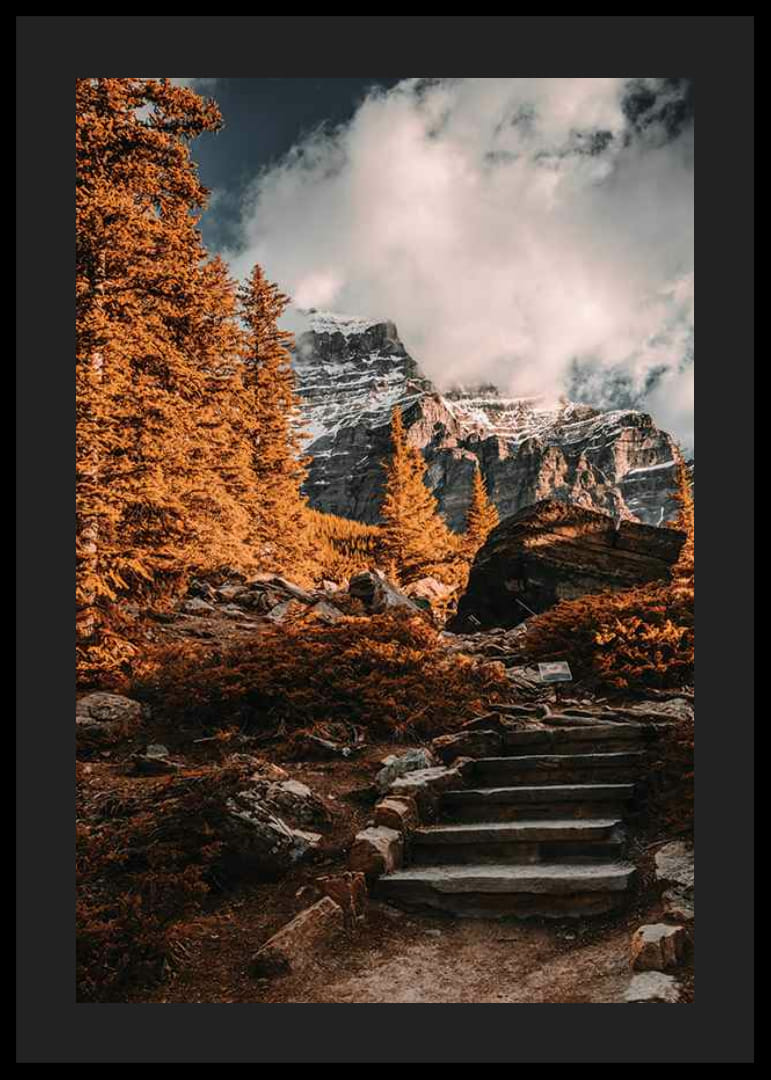 Photograph of autumn forest with stone path and snow-capped mountains-12