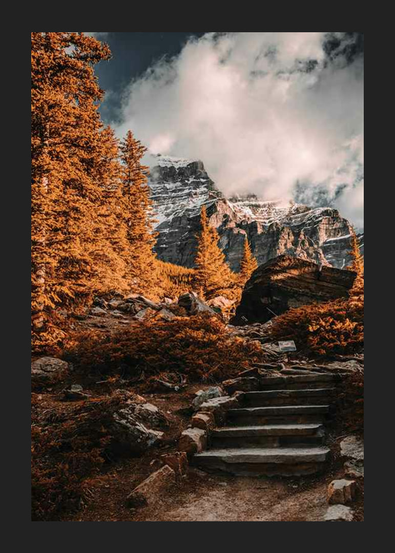 Rudens meža fotogrāfija ar akmens taku un sniegotiem kalniem-12