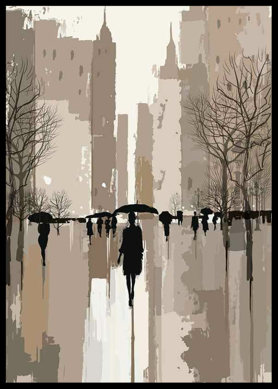 Illustrated people with umbrellas in urban environment, brown tones-12