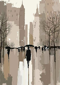 Illustrated people with umbrellas in urban environment, brown tones-7